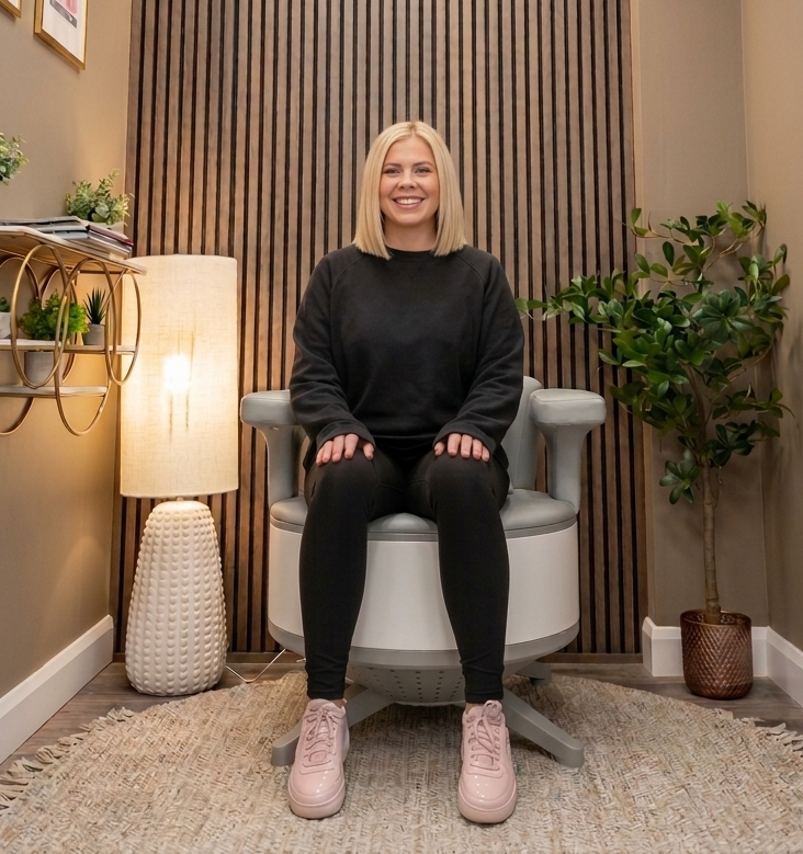 Client sitting on the pelvic floor chair in treatment room